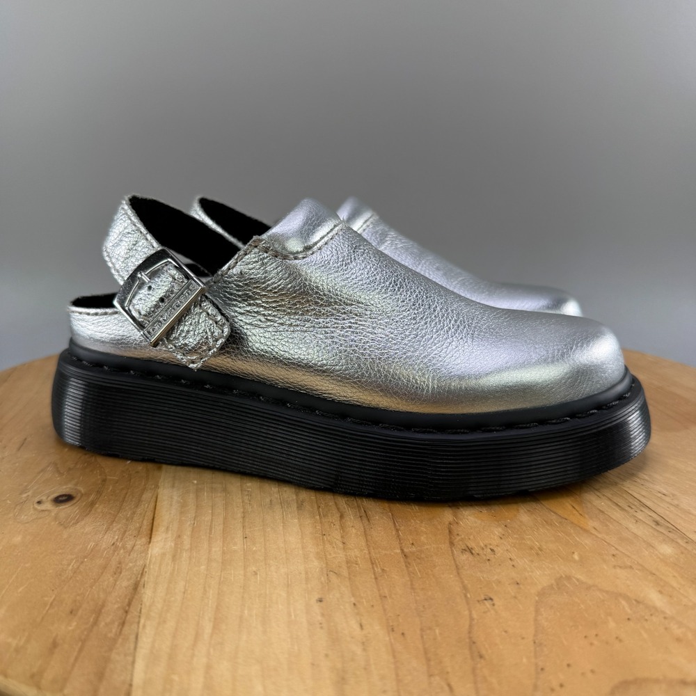 Dr. Martens Laketen Womens Size 10 Silver Leather Mules Clogs Slip On Shoes NEW